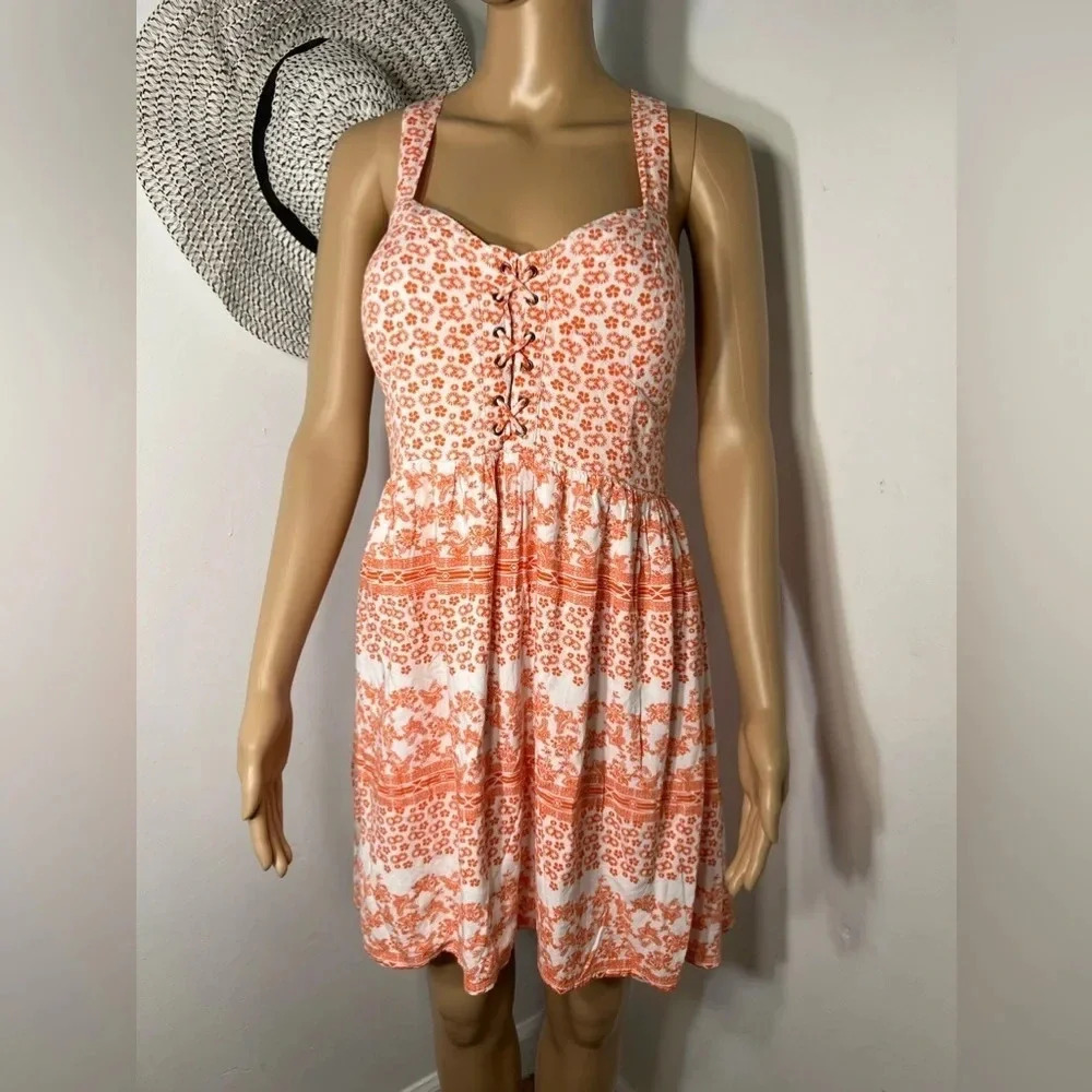 Urban bliss, 10, orange/white floral, mini sweetheart neckline, faux‎ lace up